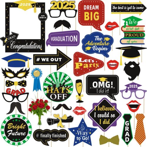 36pcs Graduation Photo Booth Props, Grad Photo Props, Graduation Decorations Class of 2025, 2025 Photo Booth Props Set for Graduation Party Favors Supplies Decorations, 2025 Grad Party Pose Signs