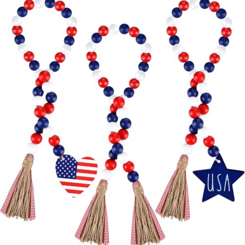 3 Pieces Independence Day Wood Bead Garland with Rustic Tassels Patriotic Labor Day Wood Bead with American Flag and Wooden Heart Hanging Sign for Farmhouse Wall Hanging Prayer Beads Boho Home Decor