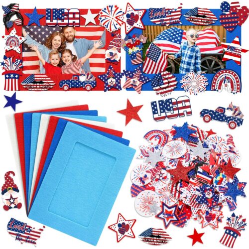 262 Pcs Memorial Day DIY Picture Frames Craft Kit 32 Patriotic 4th of July Felt Photo Frames with 230 Star Stickers to Decorate Independence Day Felt Craft for Art Activities