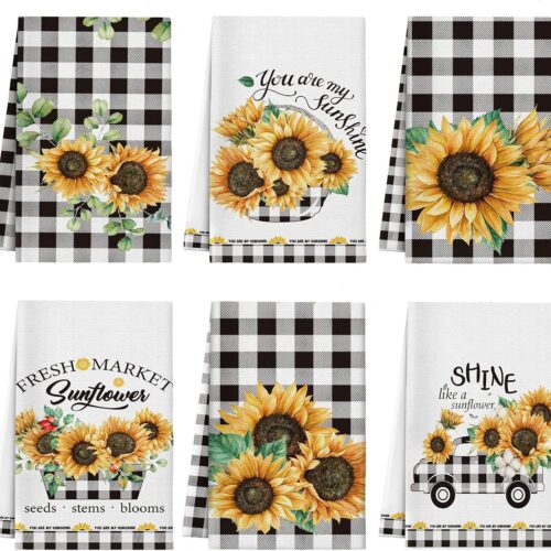 6 Pcs Sunflower Kitchen Towels Summer Buffalo Plaid Dishtowels for Kitchen Ultra Absorbent Black and White Hand Wash Cloth Sunflower Decor Decorative Set for Bathroom Housewarming Gift