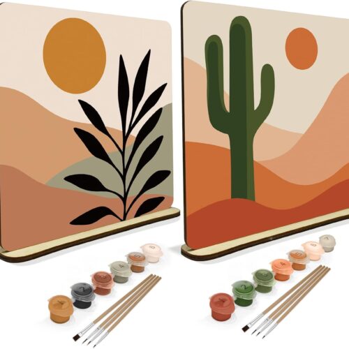 2 Pack Paint by Numbers Kit for Adults, Boho Oil Painting by Number on Wood Board, DIY Mountain Sunset Paint by Numbers Ornaments for Desktop, Easy Adult Paint by Number Kits for Gift 8x8 Inch