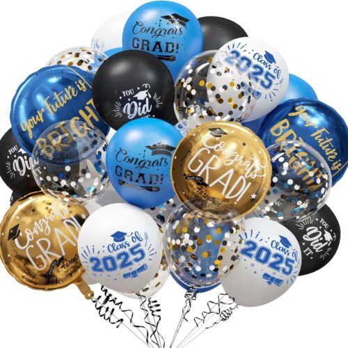 Graduation Blue and Gold Balloons 2025 - Grad Latex Confetti Balloons with Congrats Grad Foil Balloons for Graduation Party Decorations Supplies, 60Pcs