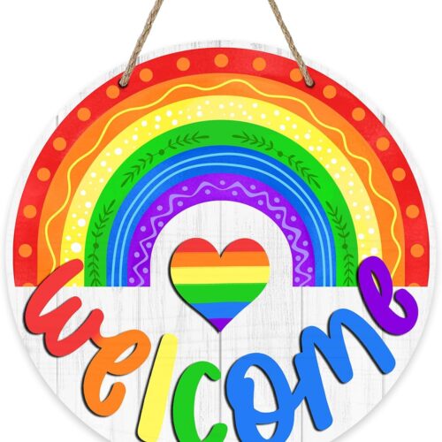 Welcome Rainbow Love Heart Front Door Sign, LGBTQ Wood Door Hanger Pride Month Outdoor Outside Porch Decor, Gay Lesbian Bisexual Pansexual Farmhouse Wooden Wreath Indoor Wall Hanging Decoration