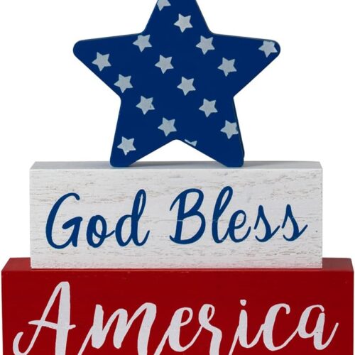 Memorial Day Decorations, 4th of July Decorations, God Bless America Wooden Block Sign with Star, Patriotic Independence Day Decor for The Home, Tiered Tray, Shelf, Table, Tabletop, Mantel