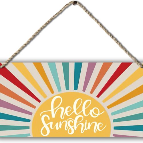 Hello Sunshine Vintage Boho Sun Sunrise Colorful Sunshine Sunray Printed Wood Plaque Sign Wall Hanging,Modern Mid Century Sunshine Hanging Wall Signs for Bohemian Home Room Dorm Decor 12 x 6 Inches