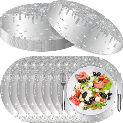 120 Pieces Silver Paper Placemats Glitter Diamonds Round Disposable Table Mats Decorative Paper Mats for Dining Wedding Birthday Silver Glitter Banquet Party, 11.8 Inch