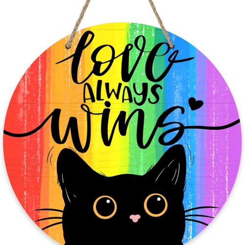 Gay Pride LGBTQ Love Always Wins Front Door Sign, Rainbow Black Cat Lesbian Pansexual Wood Door Hanger Outdoor Outside Porch Decor, Pride Month Wooden Wreath Indoor Wall Hanging Decoration