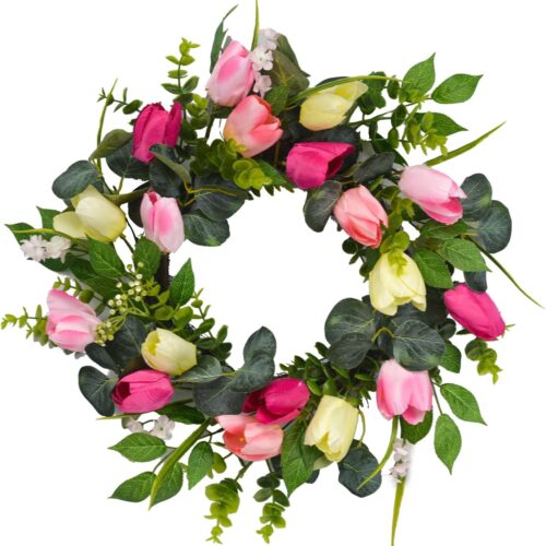 22" Tulip Wreath for Front Door, Spring Summer Floral Wreath with Eucalyptus Leaves, Money Plant, Ferns for Indoor Outdoor Wall Festival Home Farmhouse Wedding Easter Home Decor
