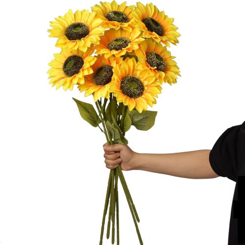 Artificial Sunflowers Flowers 8pcs Single Long Stem Large Faux Silk Sunflowers Bouquet for Wedding Party Single Bulk Yellow Centerpieces Home Decor