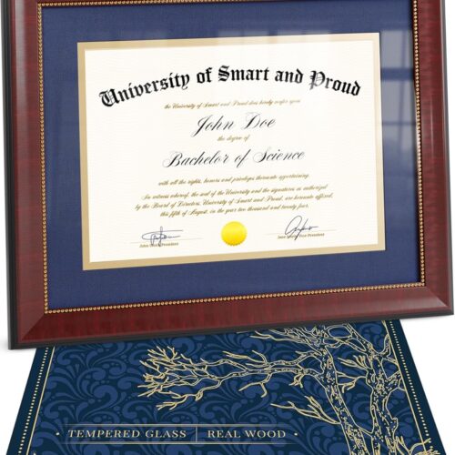 Wooden College Diploma Frame 8.5 x 11 - Blue Mat With Golden Rim - Certificate Holder 11x14 Without Mat - Graduation Gift - Degree and Document Frame