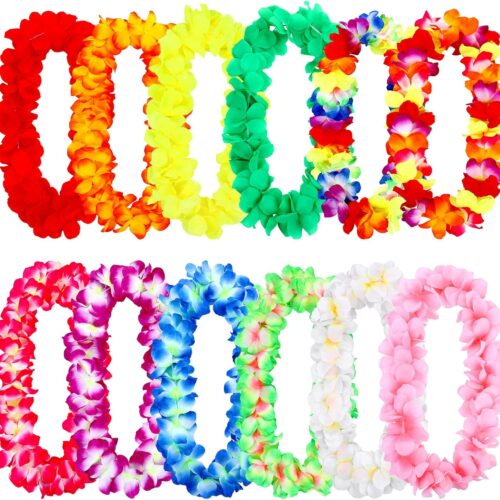 12 Pieces Thickened Leis Necklace and Bulk Leis Garland - Hawaiian Floral Luau Party Supplies and Summer Decorations
