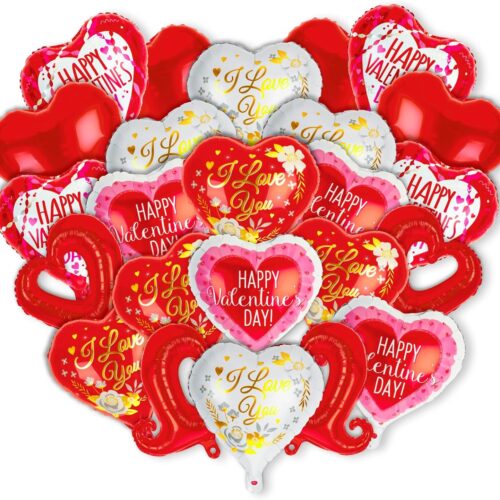 24 pieces Valentine's Day Love balloons 18 inches Happy Valentine's Day Balloons, I Love You Balloons, Heart-Shaped Metal Foil Balloons, Romantic Party Favors, White and Pink Balloons