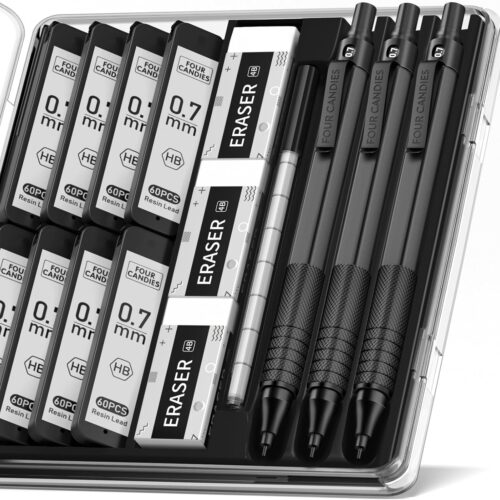 Mechanical Graphite Pencil Set, 3pcs Black Metal Pencils with Anti-Skid Grip, Ideal for Artists, Professionals, Teachers and Students