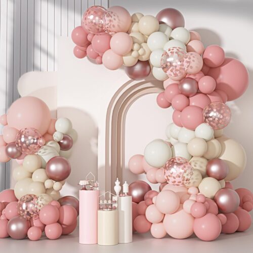 Party Dusty Pink Balloons Arch Garland Kit, Different Sizes 18 12 10 5 Inch Boho Pink White Sand Latex Metallic Confetti Balloon for Girl Baby Shower Mothers Day Birthday Party Decorations