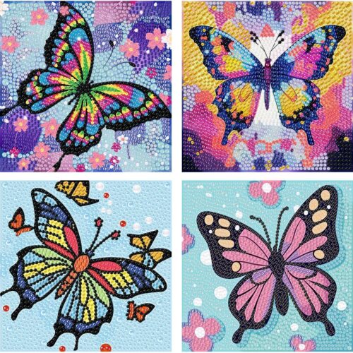 4 Packs Diamond Art Kits for Kids, Butterfly Diamond Art for Kids Ages 8-12, Diamond Painting Kits for Home Wall Decor (6x6 Inch)