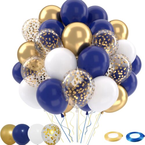 Navy Blue Gold Balloons Set, 50 pcs 12 inch Metallic Gold Navy Blue White Confetti Latex Balloons Kit for Birthday Baby Shower Graduation Party Decorations