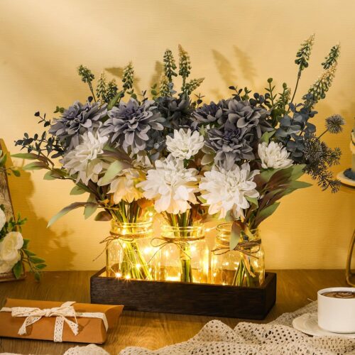 3 Pcs Mason Jar Centerpiece Table Decorations with Lights Rustic Home Decor Spring Centerpieces Decor with Wood Tray and Flowers Glass Table Decorations for Home, Kitchen and Living Room