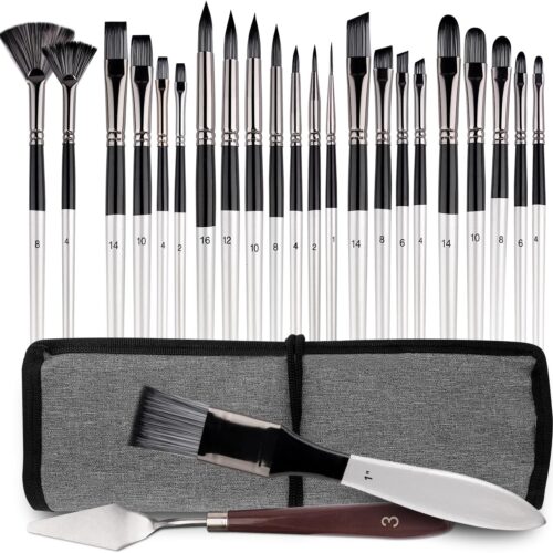 25pcs Paint Brush Set, Professional Paintbrushes Acrylic Paint Brushes Expert Series Nylon Brushes Kit with Palette Knife and Cloth Roll for Acrylic, Oil, Watercolor and Face Painting