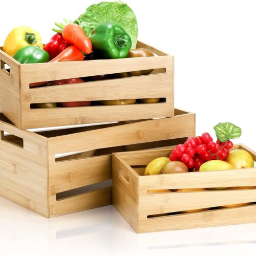 3 Pack Bamboo Storage Crates, Nesting Decorative Storage Organizer Box, Vintage Container Bin with Handles, Countertop Baskets Display Risers for Home, Kitchen Pantry Cabinet, Shelf, Counter