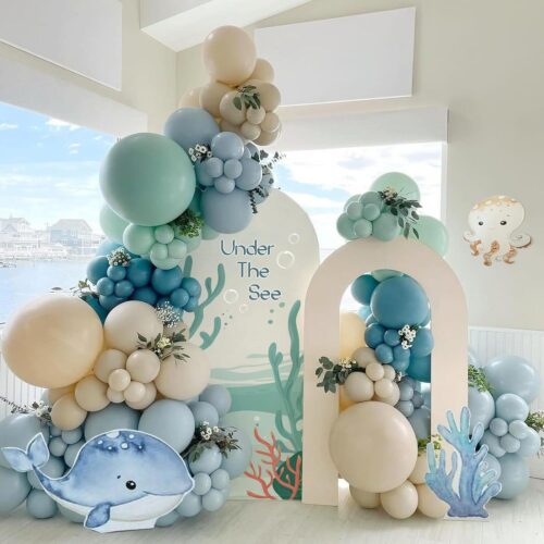 147pcs Under the Sea Balloons Garland Arch Kit with Dusty Slate Blue Pastel Green Sand White Latex Balloons for Ocean Themed Under the Sea Baby Shower Birthday Party Decorations