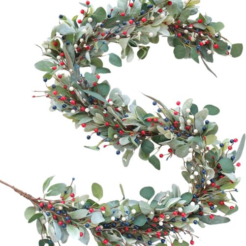 4th of July Independence Day Lambs Leaves Berries Garland 70 inch Artificial Eucalyptus Garland for Front Door，Memorial Day Flag Day Arch Backdrop Table Farmhouse Decor