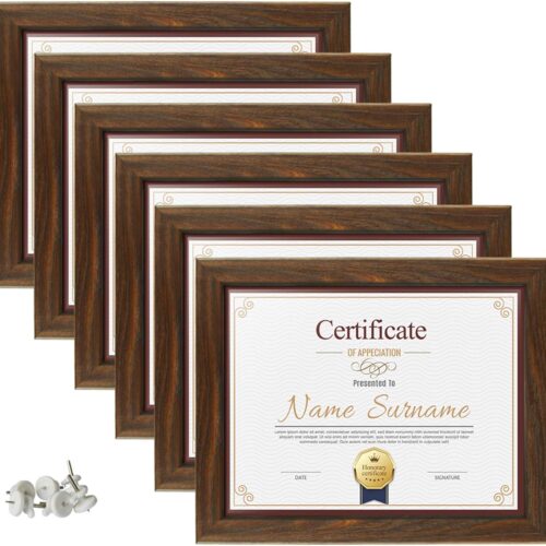 8.5x11 Certificate Picture Frames Diploma Document Picture Frames Tempered Glass Rustic Brown Frame Set of 6 Pack