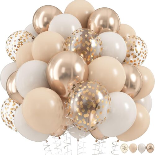 Beige and Champagne Gold Balloon Set, 60Pcs 12 Inch Nude Cream Retro White Sand Balloons with Metallic Champagne Gold Confetti Latex Balloons for Birthday Wedding Baby Bridal Shower Party Decorations