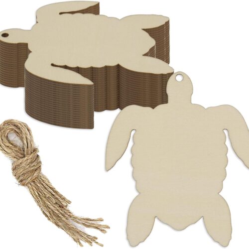 20pcs Sea Turtle Shape Unfinished Wood Cutouts DIY Crafts Blank Hanging Wooden Tags Ornaments with Ropes for Summer Ocean Sea Theme Party Decoration, 3.94x3.3 in