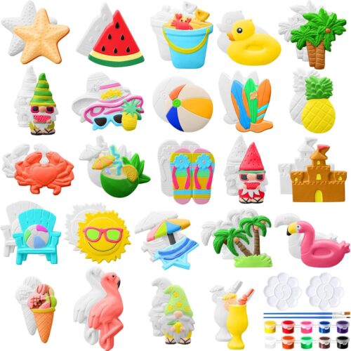 24 Pcs Summer Ceramic Painting Kits Ready to Paint Your Own DIY Figurine Arts and Crafts Set Include Unpainted Paintable Ceramics with Brushes Palettes(Summer)