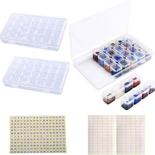 Diamond Painting Storage Containers, 2pcs 28 Grids Clear Diamond Painting Accessories and Tools Boxes Bead Organizers Diamond Art Embroidery Storage with 200PCS Label Stickers