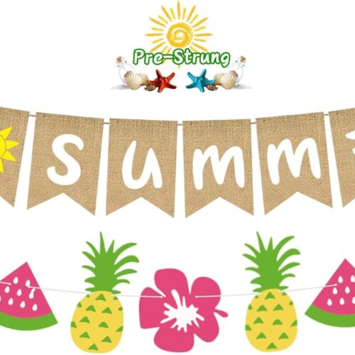 Hello Summer Banner Decorations, 17pcs Burlap Hawaiian Beach Tropical Summer Banner Garland with Watermelon Flamingo Pineapple Palm Leaves Party Decorations