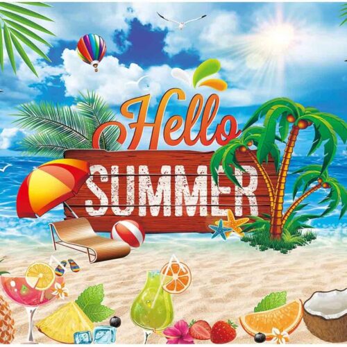 Hello Summer Beach Party Backdrop Tropical Seaside Island Pool Party Photography Background Blue Sea Sky Hawaii Sunshine Luau Themed Decorations Photo Booth Props
