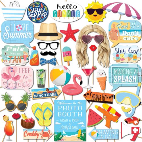 Summer Photo Booth Props - 41-pc Photobooth Kit with 8 x 10-Inch Sign, 60 Adhesive Pads, 45 Sticks - Pool Party Photo Booth Props - Beach Theme Photo Booth Props