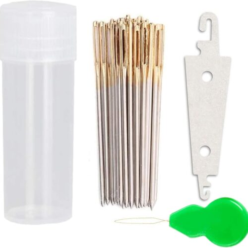 100pcs Cross Stitch Needles + 2 Needle Threader Golden Color Large Eyes Cross Stitch DIY Embroidery Hand Needles Sewing Needles in Transparent Box (26#)