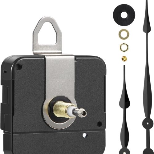 High Torque Long Shaft Clock Movement Mechanism with 28mm (1-1/8 Inch) Shaft Length and 12 Inch Long Spade Hands (Black Hands)