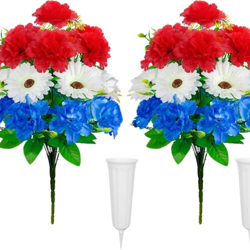 2Bundles Patriotic Artificial Flowers Red White and Blue Flowers 4th of July Flowers Silk Flowers Arrangement for Cemetery Memorial Day Independence Day Home Party Table Centerpiece Vase Decor