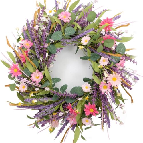 22inch Artificial Spring Summer Wreath Lavender with Colorful Flowers,Green Leaves for Front Door Home Wall Party Decor