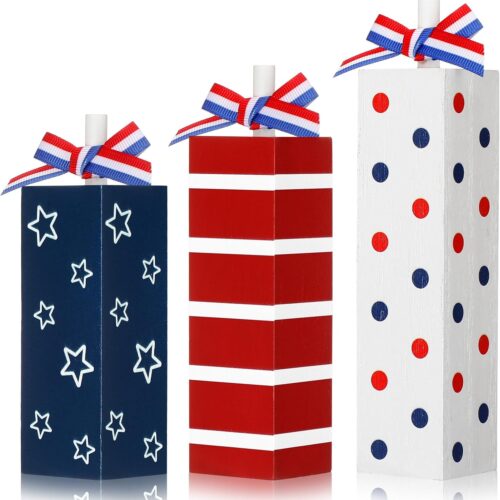 3 Pcs Patriotic Wooden Block Sign Memorial Day Decorations 4th of July Table Decor Red White Blue Tabletop Centerpieces Independence Day Tiered Tray Decor for Home Shelf(Rustic Style)