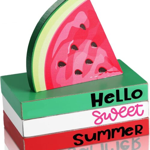 4 Piece Summer Watermelon Table Decor for Home Hello Sweet Summer Book Table Centerpieces Farmhouse Wooden Watermelon Tiered Tray Stacked Book Decor for Home Office Kitchen