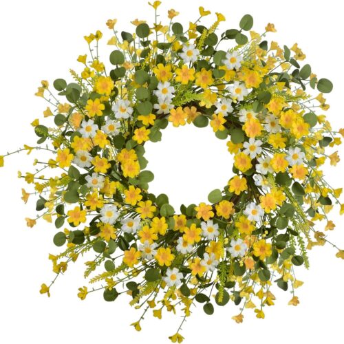 24Inches Artificial Yellow Daisy Wreath with Green Eucalyptus Leaves and Lavender Spring Summer Wreath for Front Door Wall Decor