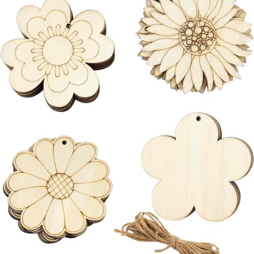 32 Pack Wooden Flower Cutouts - Unfinished Wooden Hanging Ornaments DIY Craft Gift Tags for Thanksgiving & Christmas Home Party Decoration