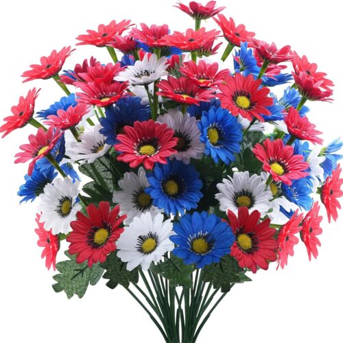 Independence Day Artificial Daisy Flowers Patriotic Memorial Flowers Red White and Blue Faux Flower with 4th of July Decorations for Cemetery Memorial Day Independence Day Home Wedding Party