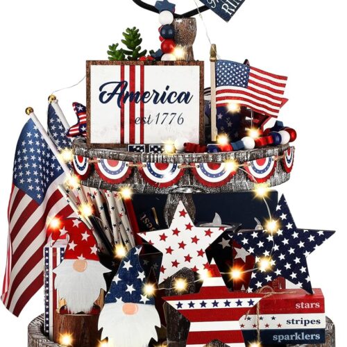 18 Pcs Memorial Day Tiered Tray Decor Set Rustic Patriotic Independence Day Decoration Glow Vintage Farmhouse 4th of July Tiered Tray Sign Wooden Red White Blue Decor for Table(Gnome)
