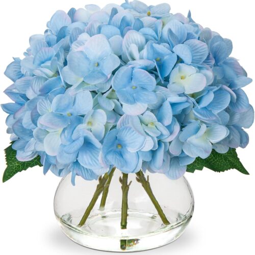 Hydrangea Artificial Flowers with Vase Blue Silk Fake Flowers Arrangements in Glass Vase with Faux Water Faux Floral Bulk Bouquet for Home Decor Bathroom Table Centerpiece Shelf Decorations