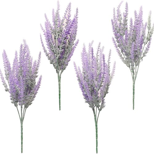 Artificial Purple Lavender, 4 Bushes Flocked Fake Lilac Flower for Wedding Bouquet DIY Table Centerpieces and Floral Arrangement Decoration