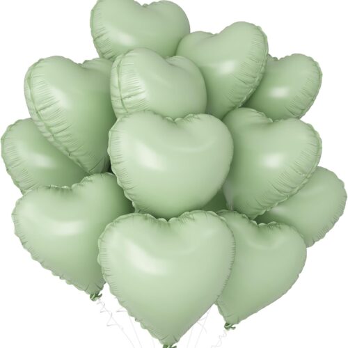 Sage Green Heart Balloons,12Pcs Olive Green Heart Shaped Foil Balloons,18Inch Pastel Green Helium Mylar Balloon for Baby Shower Birthday Anniversary Wedding Party Decorations
