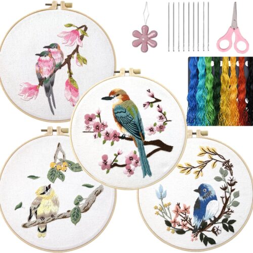 4 Sets Embroidery Kit for Beginners Adults Cross Stitch Starter Kits DIY Embroidery Kits with Patterns and Instructions Hoops Needles Threads (Birds and Flowers), cixiu-4, Onesize