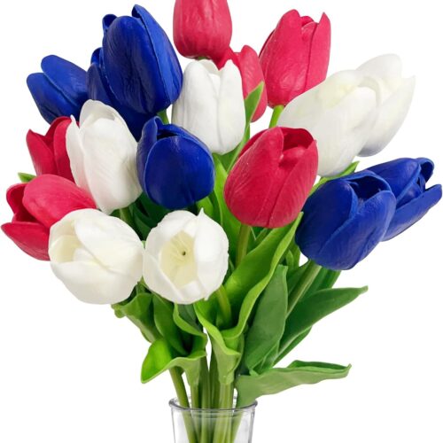 18 Pcs 13 Inches Artificial Tulip Flowers Bouquet, Red White Blue Faux Tulips with Green Leaves, Patriotic Flower Stems for Home Decor, 4th of July, Memorial Day, and Cemetery Grave Floral Arrangement
