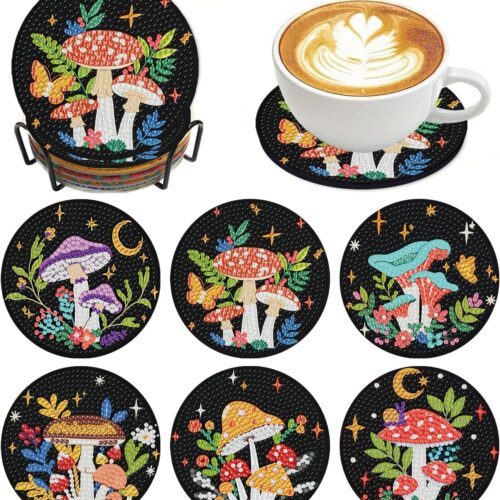 6Pcs Diamond Painting Coasters Kit with Holder,DIY Mushroom Life Coaster Diamond Art Kits for Adults,Beginners Round Full Drill Diamond Art Craft Supplies