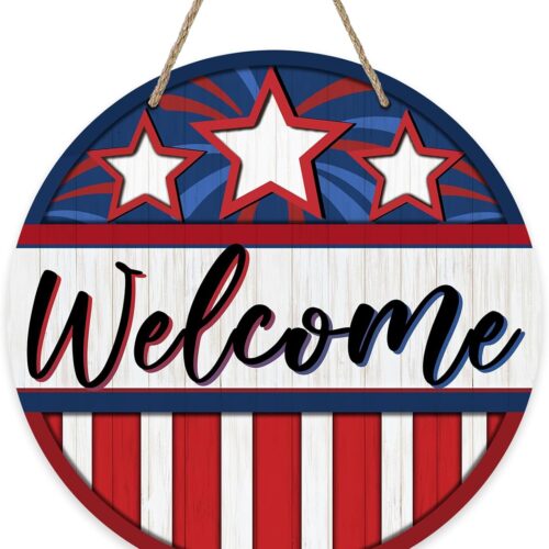 Welcome 4th of July Front Door Sign, Patriotic America Stars Stripes Wood Door Hanger Outdoor Outside Porch Decor, American USA Farmhouse Wooden Wreath Indoor Wall Hanging Decoration